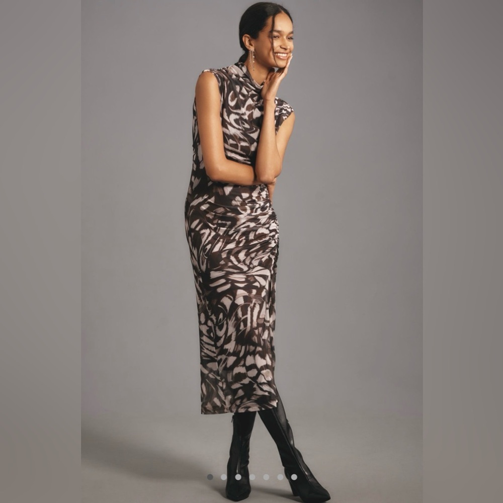 The Maya Ruched Cowl-Neck Mesh Dress